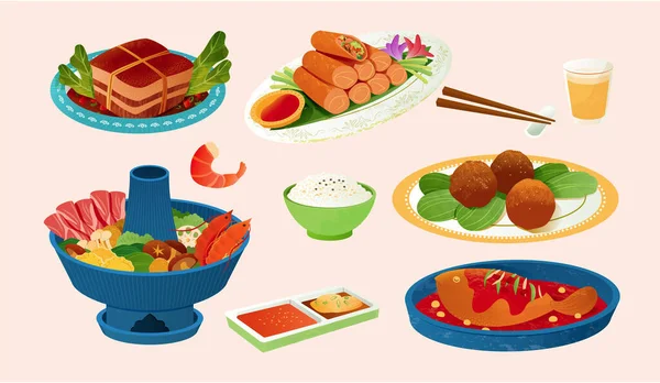 中国传统的新年大餐套餐 以浅粉为底色的烤猪肉 啤酒杯 肉丸子 酱菜和鱼为例 — 图库矢量图片