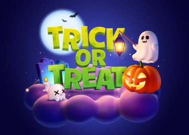 3 Boyutlu Ürkütücü Cadılar Bayramı posteri. Üç boyutlu, şirin bir hayalet elinde fenerle Jack O Fener 'in üzerinde süzülüyor. Gökyüzündeki mor bulutta 