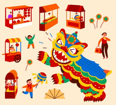 Gülümseyen aslan dansçısı, yeni yıl piyasa gösterileri ve açık sarı arka planda izole Asyalı insanlar..