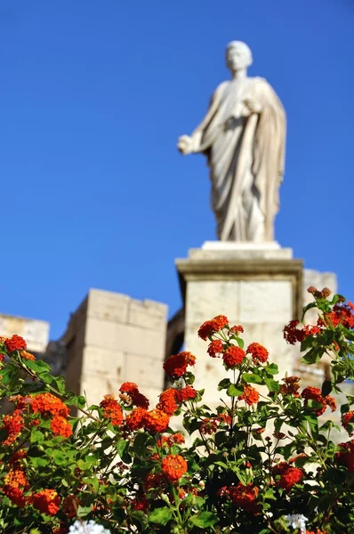 Statue floue avec des fleurs rouges au premier plan — Photo