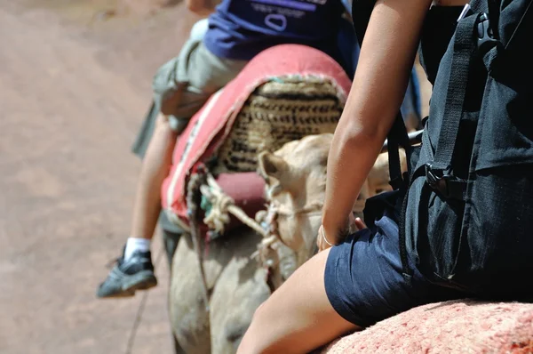 Vue rapprochée d'une fille chevauchant un chameau — Photo