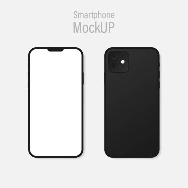 Gerçekçi, koyu gri, akıllı telefon modeli. Gri arkaplan vektörü EPS 10 üzerinde Öndeki ve arkadaki telefon boş ekranı