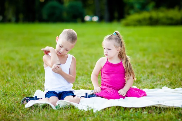 Kleine jongen en meisje met lieveheersbeestje in park — Stockfoto