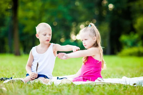 Mały chłopiec i dziewczynka z biedronka w parku — Zdjęcie stockowe