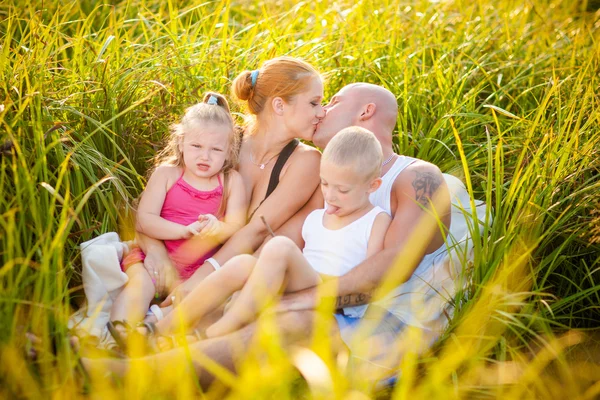 Happy family in a meadow — Stock Photo, Image