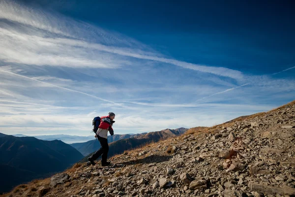 Güzel tatry dağlara genç turist — Stok fotoğraf