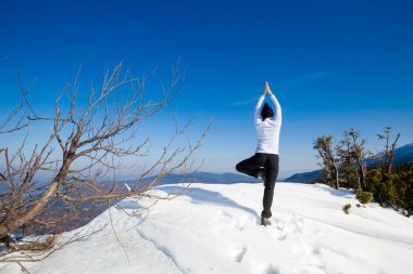 Winter yoga session in beautiful mountain place clipart