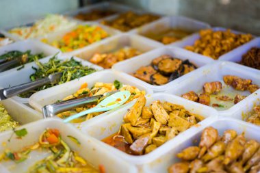 Delicious colorful local food at vegan restaurant. Traditional vietnamese cuisine in Ho Chi Minh, Vietnam.
