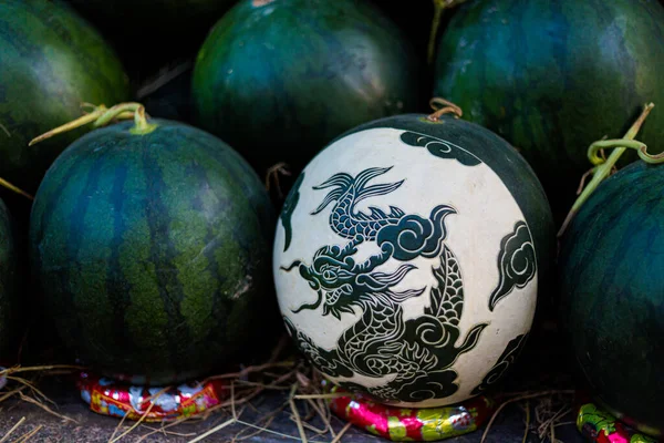 Delicious Colorful Local Food Market Watermelon Carving Chinese New Year — Stock fotografie