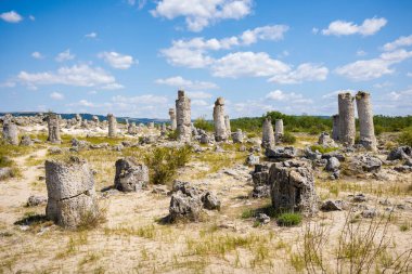 Taş çölün güzel yaz manzarası, Bulgarya 'daki Pobiti Kamani parkı. Mavi gökyüzü ile çekilmiş fotoğraf.
