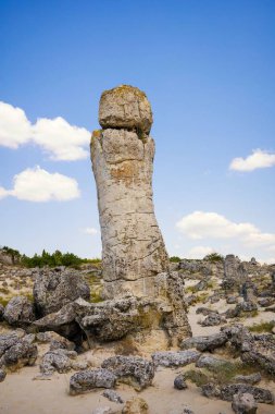 Taş çölün güzel yaz manzarası, Bulgarya 'daki Pobiti Kamani parkı. Mavi gökyüzü ile çekilmiş fotoğraf.