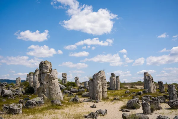 Taş çölün güzel yaz manzarası, Bulgarya 'daki Pobiti Kamani parkı. Mavi gökyüzü ile çekilmiş fotoğraf.