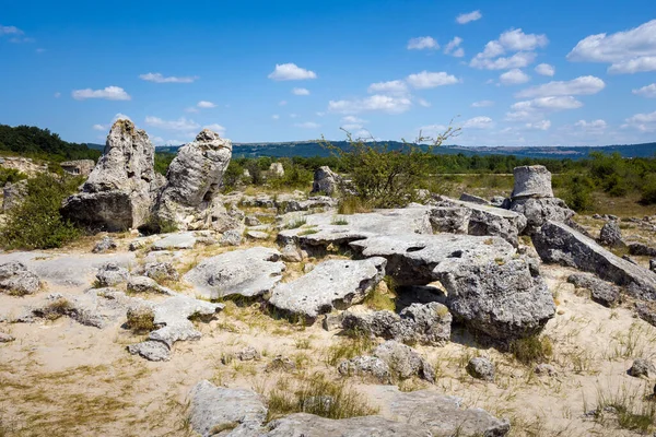 Taş çölün güzel yaz manzarası, Bulgarya 'daki Pobiti Kamani parkı. Mavi gökyüzü ile çekilmiş fotoğraf.