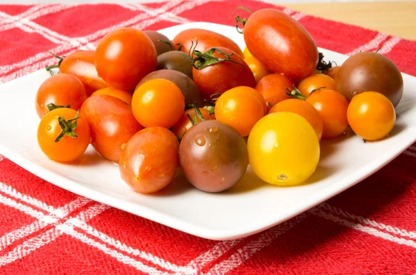 Fresh tomatoes on white plate — Stock Photo, Image