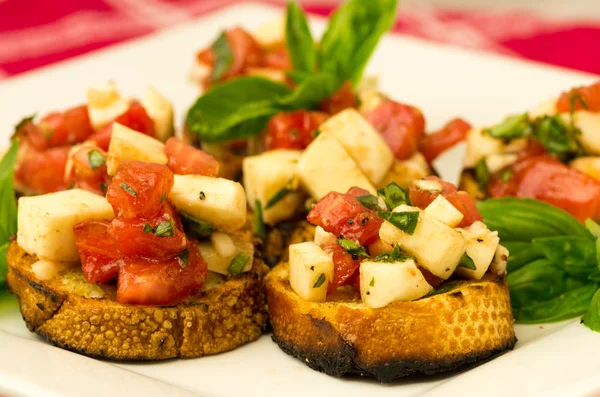 Fresh bruschetta with tomatoes mozzarella cheese and basil — Stock Photo, Image