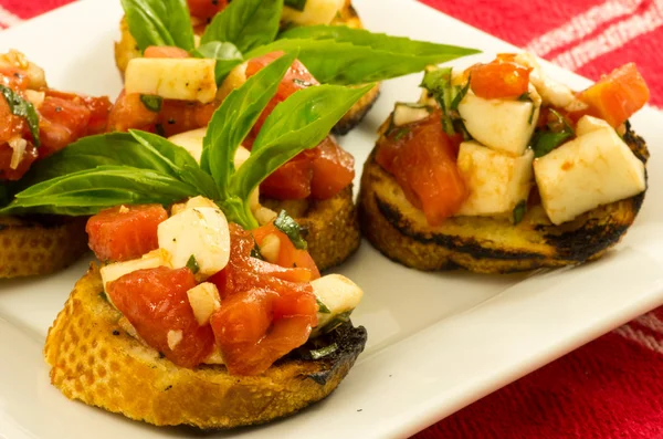 Frische Bruschetta mit Tomaten Käse Basilikum auf weißem Teller — Stockfoto