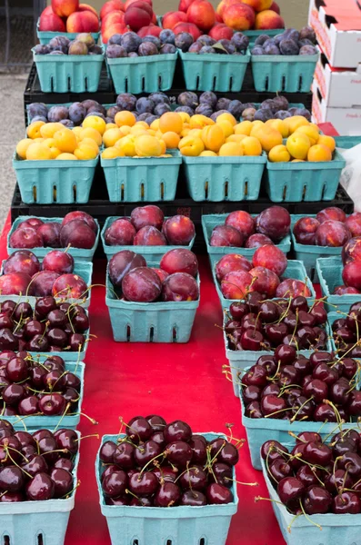 Affichage de boîtes de fruits frais — Photo
