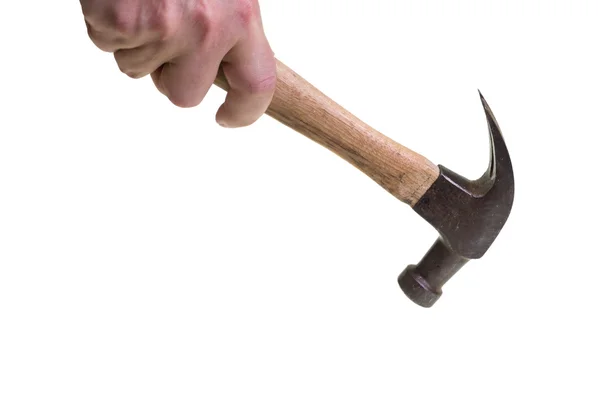 Carpinteiro balançando um martelo no branco — Fotografia de Stock
