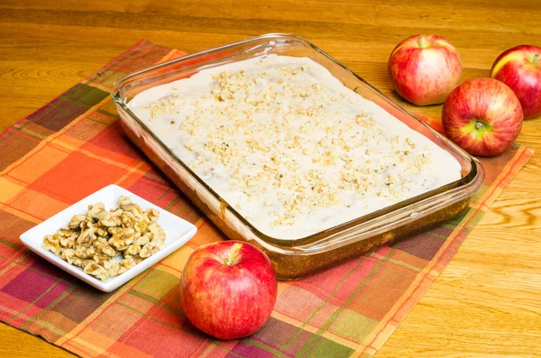 Gâteau aux pommes avec assiette de noix et pommes — Photo