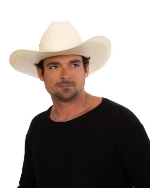 Kovboy bir beyaz şapka ve siyah gömlek