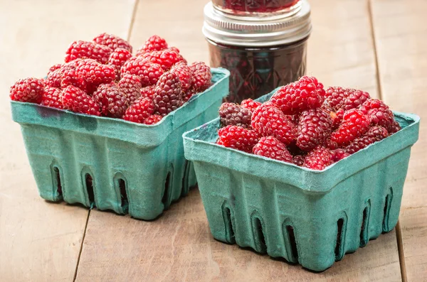 Fresh Tayberries and jars of homemade jam — Stock Photo, Image