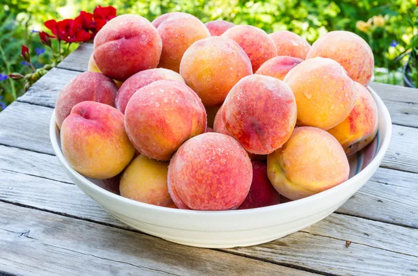 Bowl of fresh yellow peaches — Stock Photo, Image