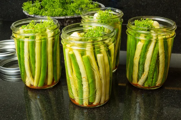 Jars of fresh yellow and green beans for canning — Stock Image Jars of fresh yellow and green beans for canning Stock Picture
