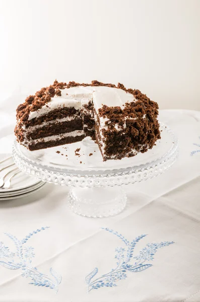 Chocolate crumb cake with white icing — Stock Photo, Image