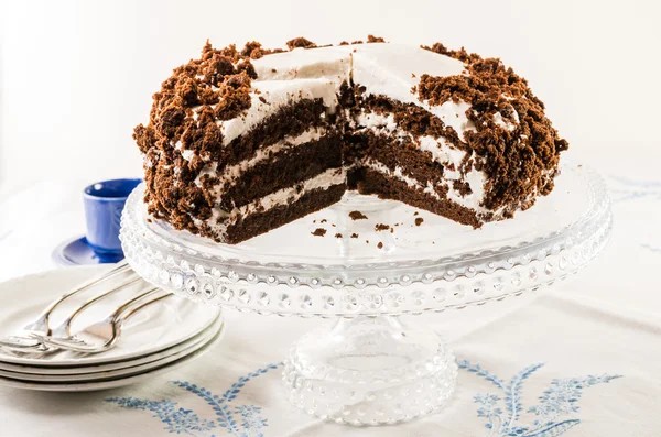 Chocolate crumb cake with white icing — Stock Photo, Image