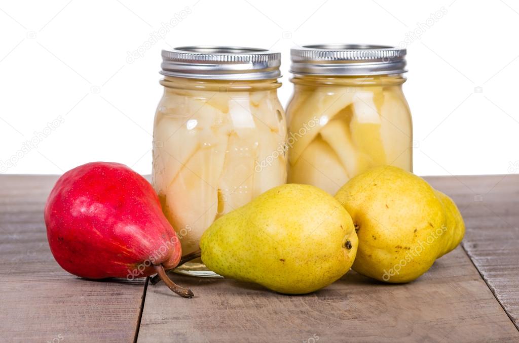 Pears and canned pears in jars