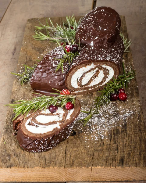 Chocolate Yule log with cranberries — Stock Photo, Image