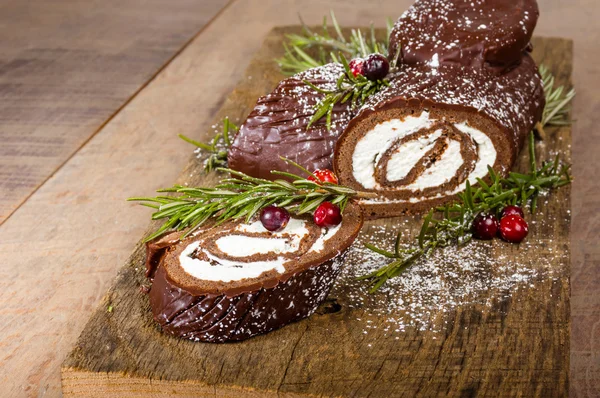 Chocolate Yule log with cranberries — Stock Photo, Image