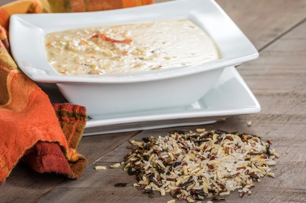 Turkey rice soup in white bowl — Stock Photo, Image