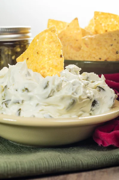 Nacho chips with cream cheese dip — Stock Photo, Image