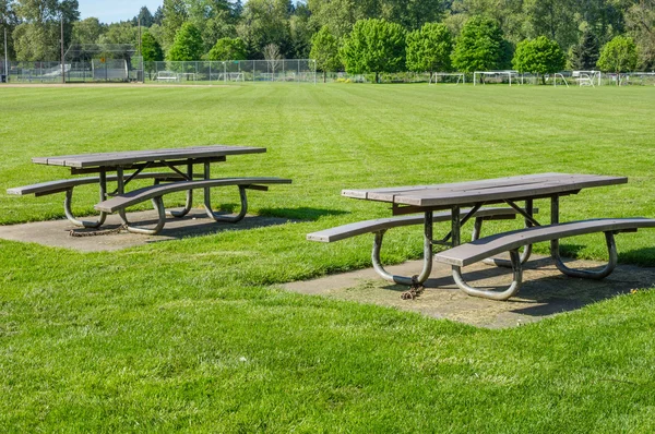 Picnic tables in public park — Stock Photo, Image