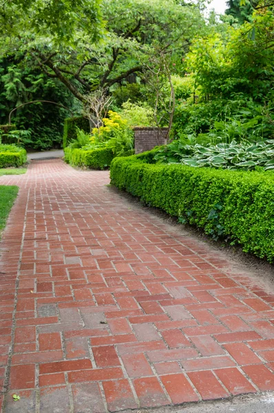 Baksteen paden door een tuin — Stockfoto