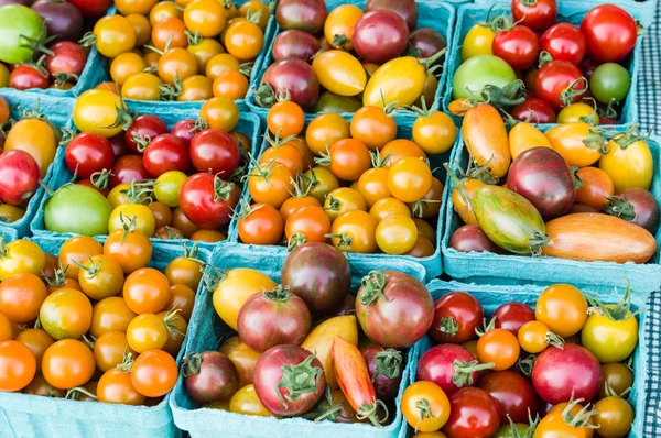 Krabice cherry rajčat na trhu — Stock fotografie