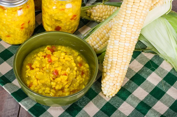 Bowl of fresh corn relish with corn — Stock Photo, Image