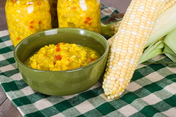 Bowl of fresh corn relish with corn — Stock Photo, Image