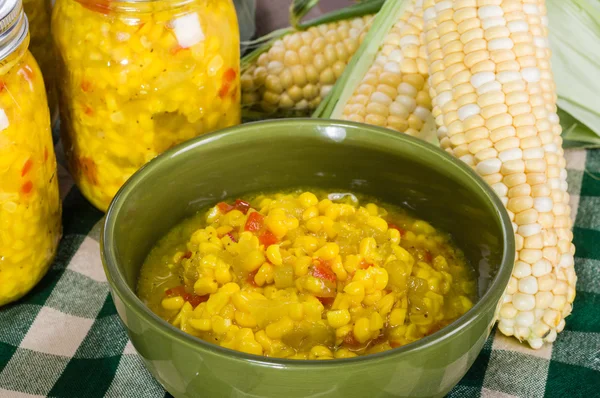 Bowl of fresh corn relish with corn — Stock Photo, Image