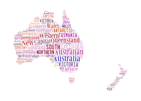Австралия карта и облако слов с большими городами
