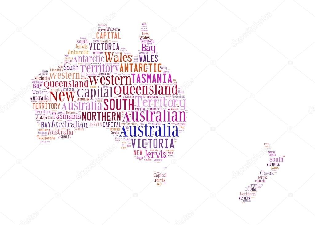 Australia map and words cloud with larger cities