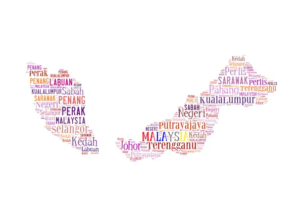 Malaysia karta och ord moln med större städer — Stockfoto