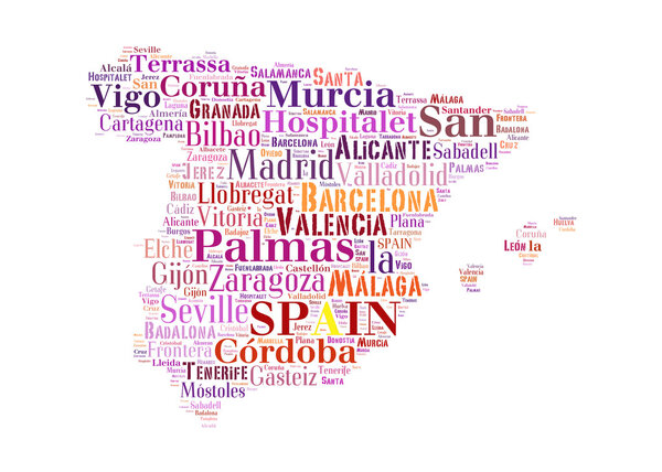 Карта Испании и облако слов с большими городами
