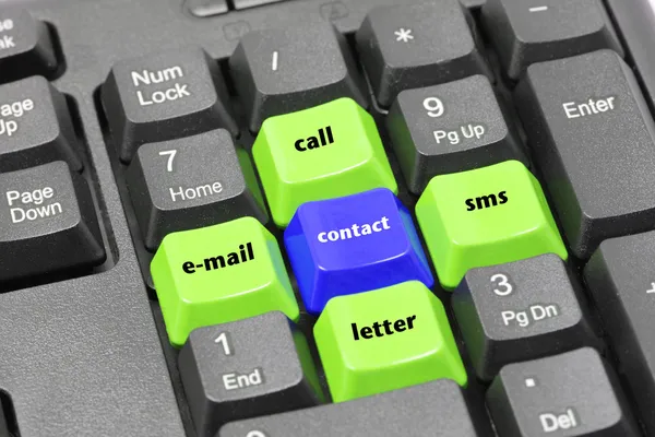 Contact, e-mail, brief, call, sms woord op groen, blauw en zwart — Stockfoto