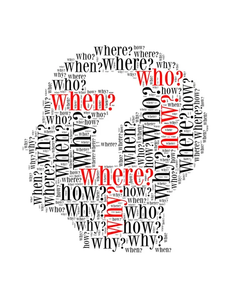 Question mark text collage Composed in the shape of woman head an isolated on white — Stock Photo, Image