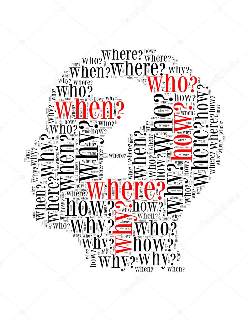 Question mark text collage Composed in the shape of woman head an isolated on white