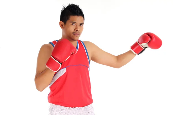 Porträt eines asiatischen jungen Mannes mit Boxhandschuhen über weißem Backgr — Stockfoto