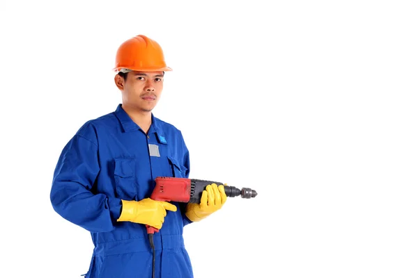 Asia hombre con taladro de mano. Aislado sobre fondo blanco — Foto de Stock