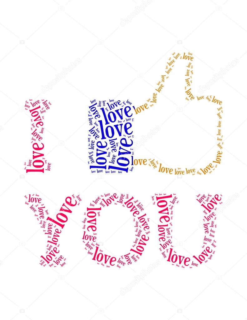 love info text collage Composed in the shape of Thumbs Up symbol